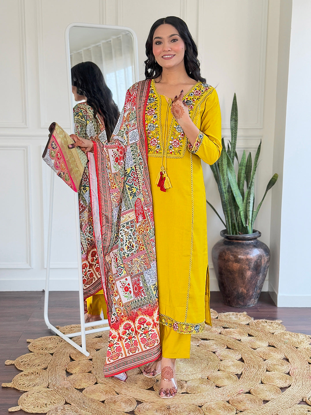 Mustard Floral Embroidered Kurta Pant Set