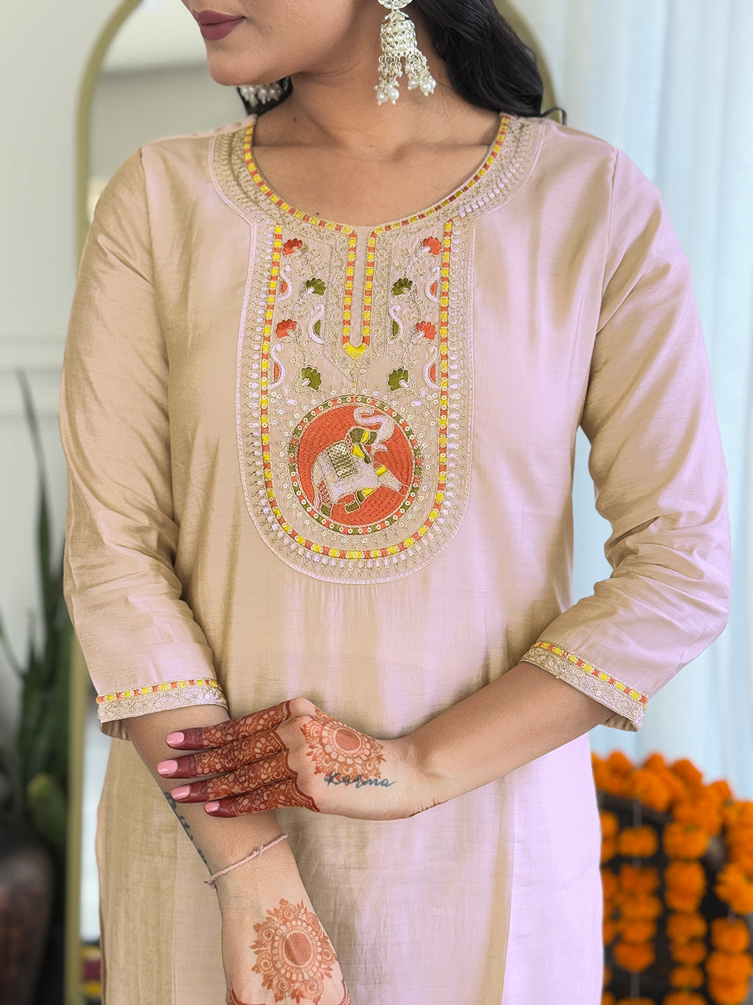 Beige Silk Blend Kurta Pant Set