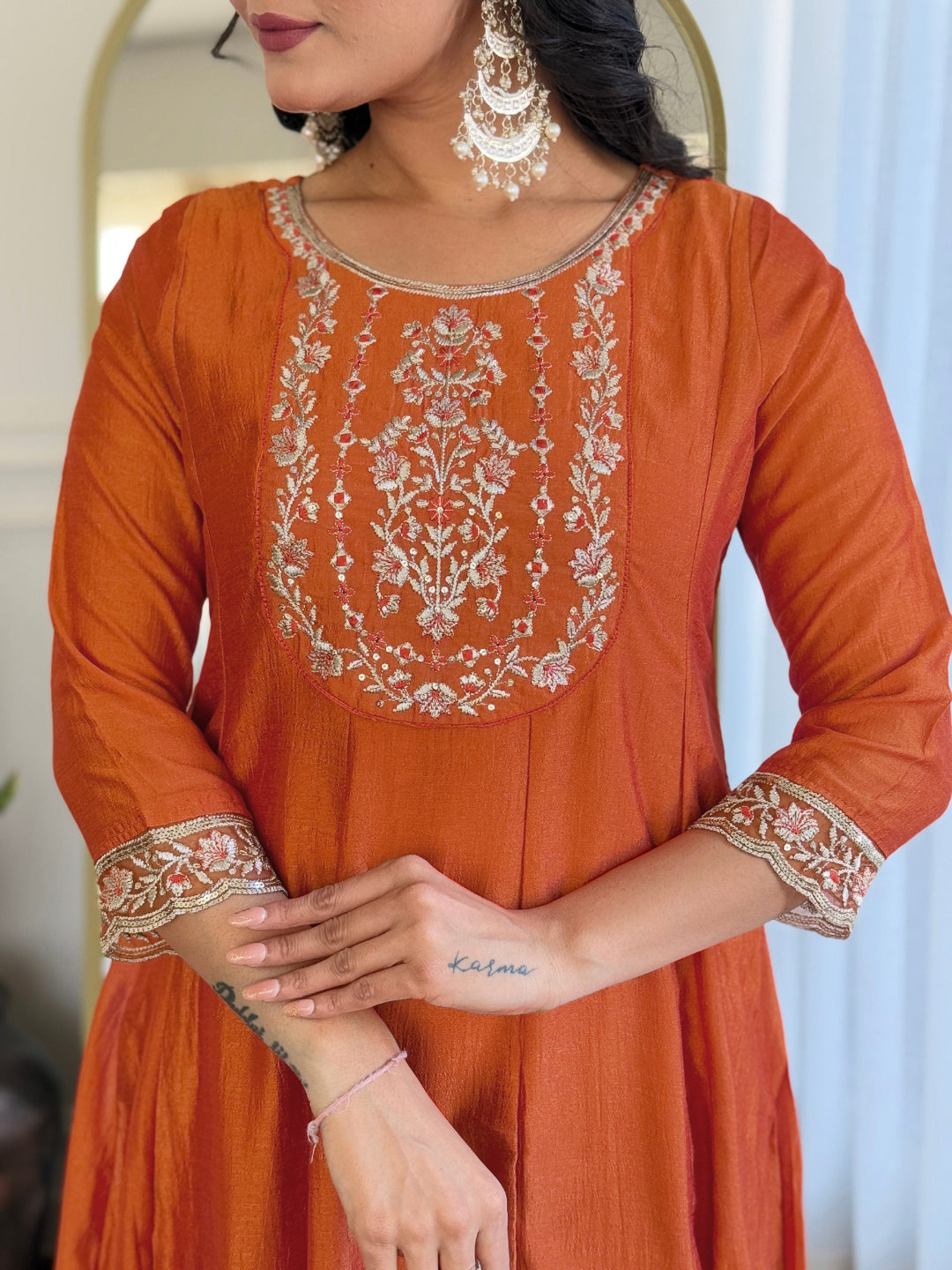 Rust Orange Silk Embroidered Flared Kurta Set