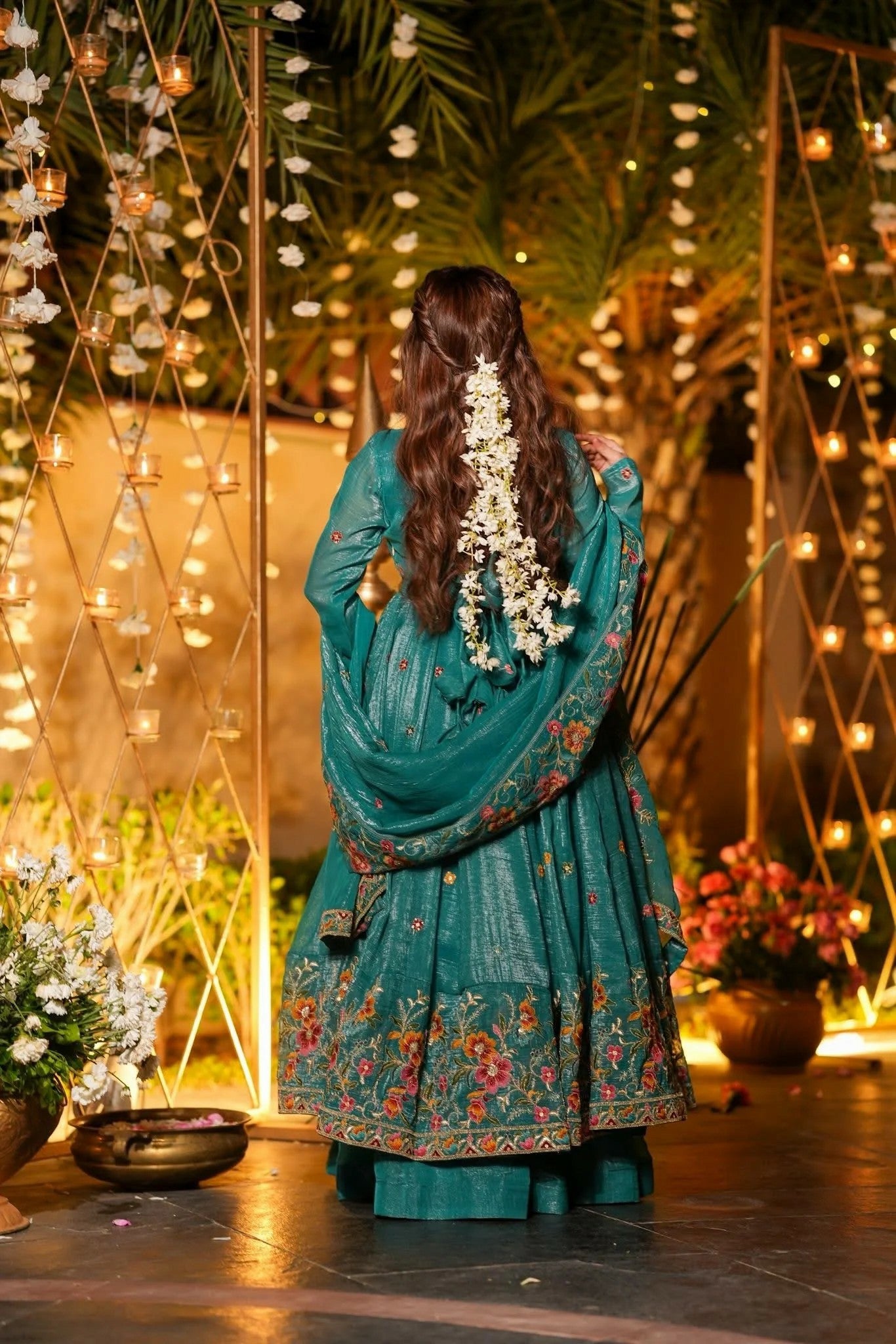 Teal Floral Embroidered Crunchy Silk Anarkali Suit Set