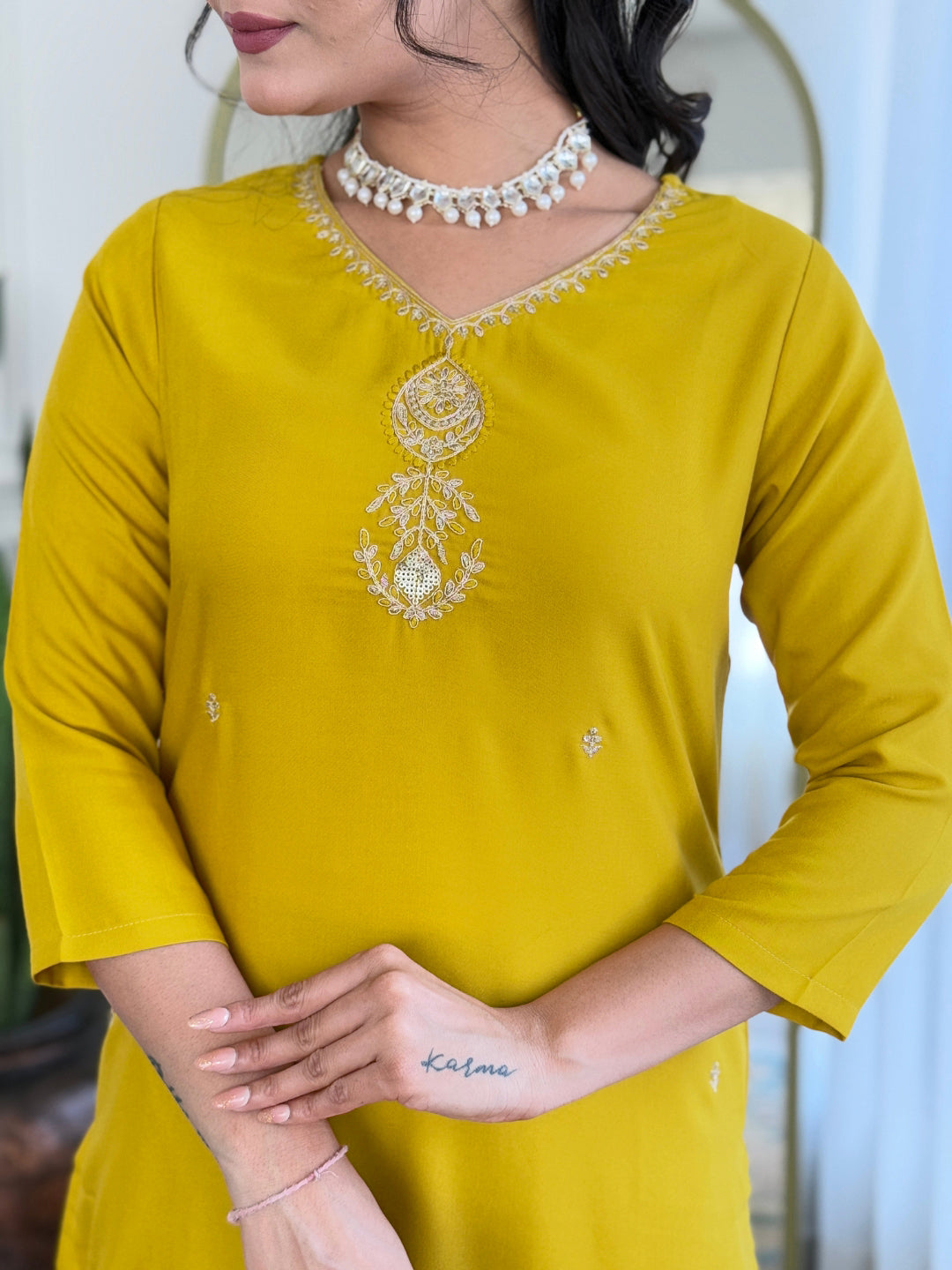 Mustard Yellow Embroidered Kurta Pant Set