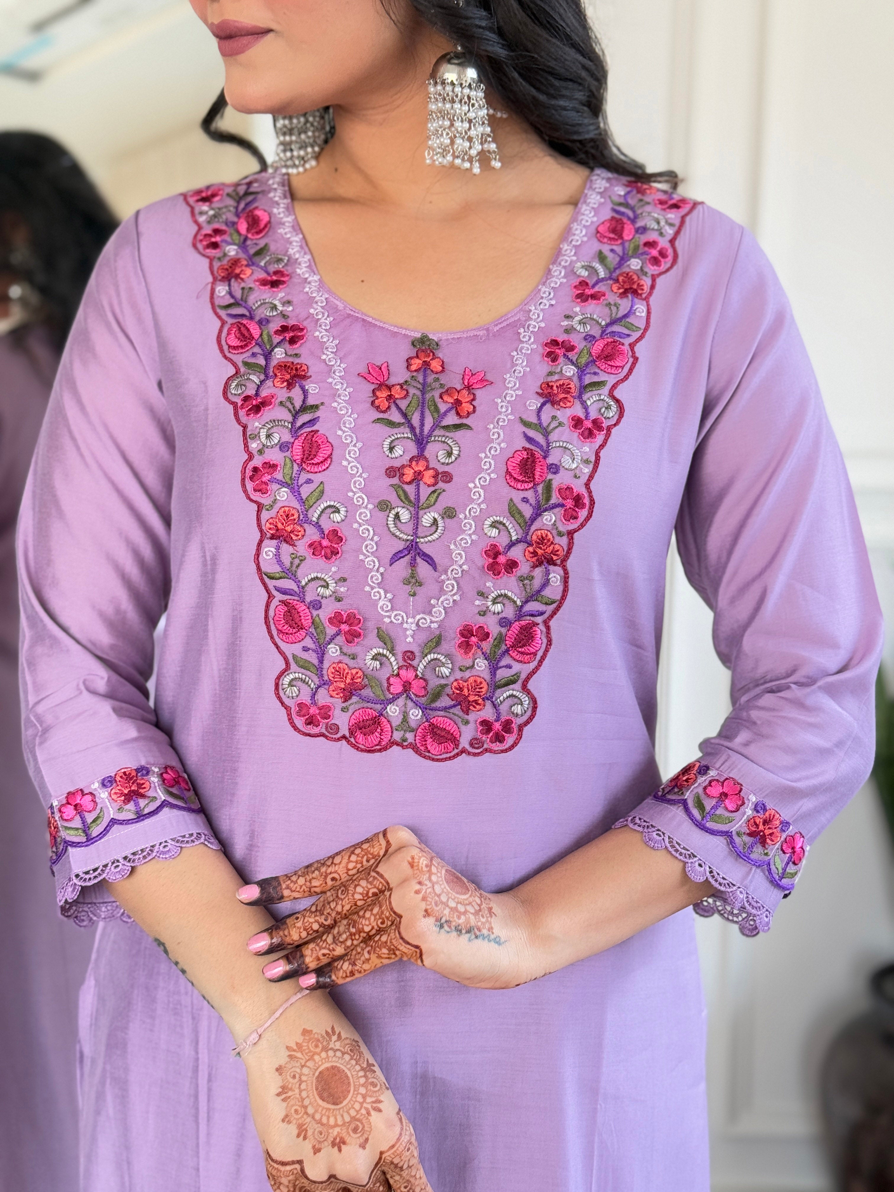 Purple Bloom Embroidered Kurta Pant Set