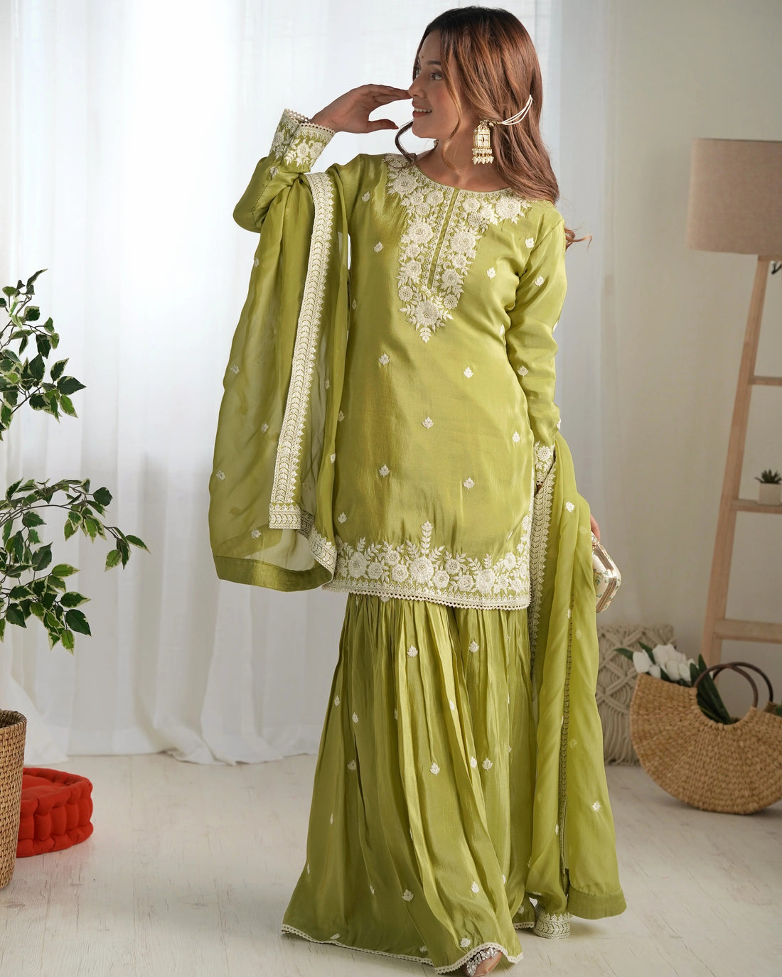 Olive Green French Crepe Sharara Suit Set