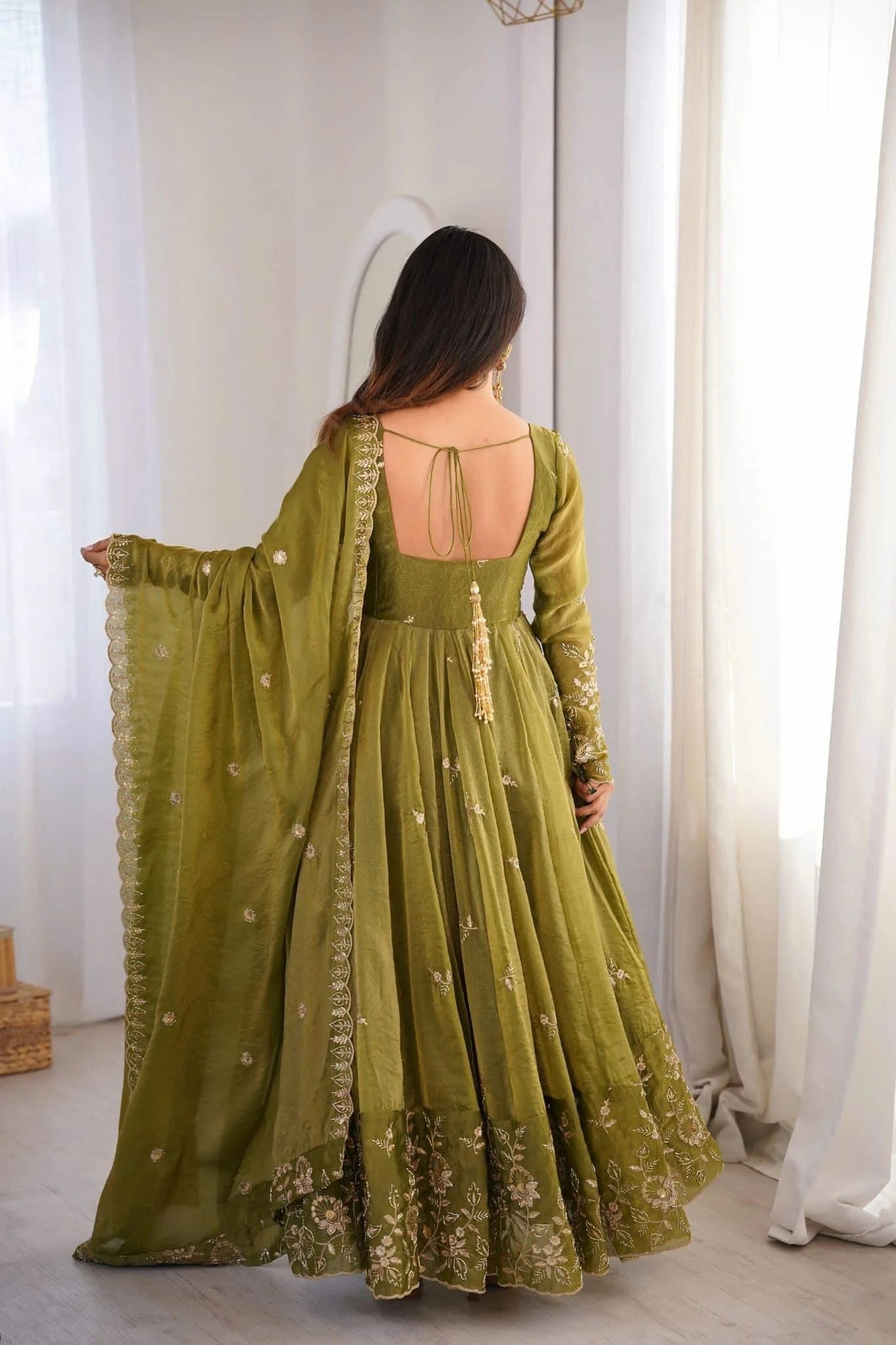 Olive Green Crunchy Silk Anarkali Suit Set