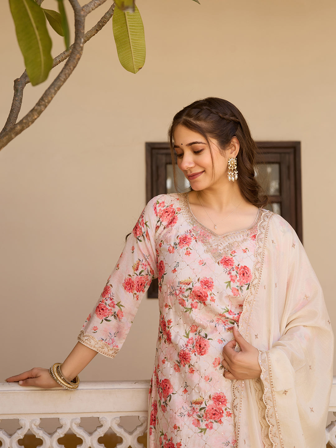 Off-White Floral Print Kurta Sharara Set