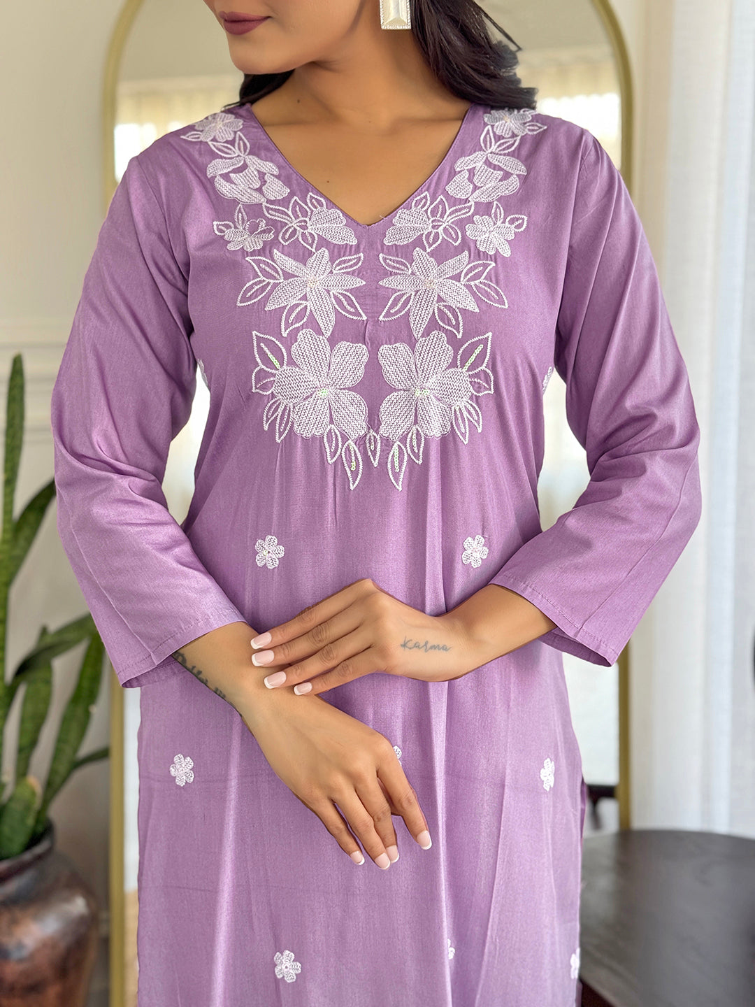 Lavender Cotton Embroidered Kurta Pant Set