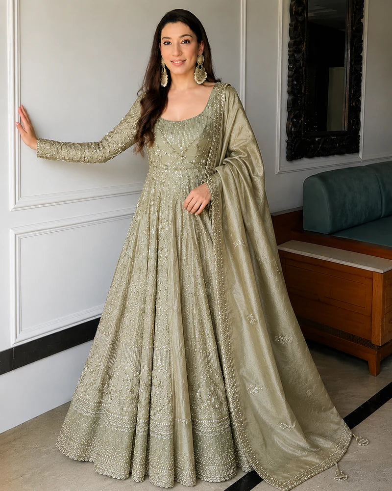 Grey Designer Embroidered Anarkali Suit Set
