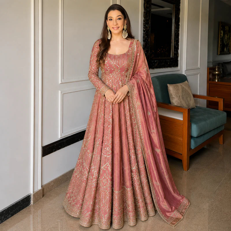 Premium Rose Gold Designer Anarkali Suit Set