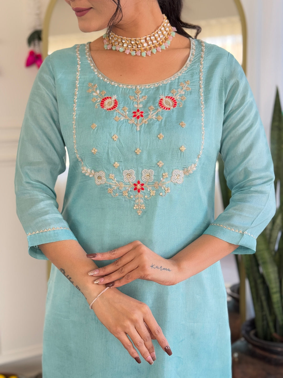 Aqua Bloom Floral Kurta Pant Dupatta Set