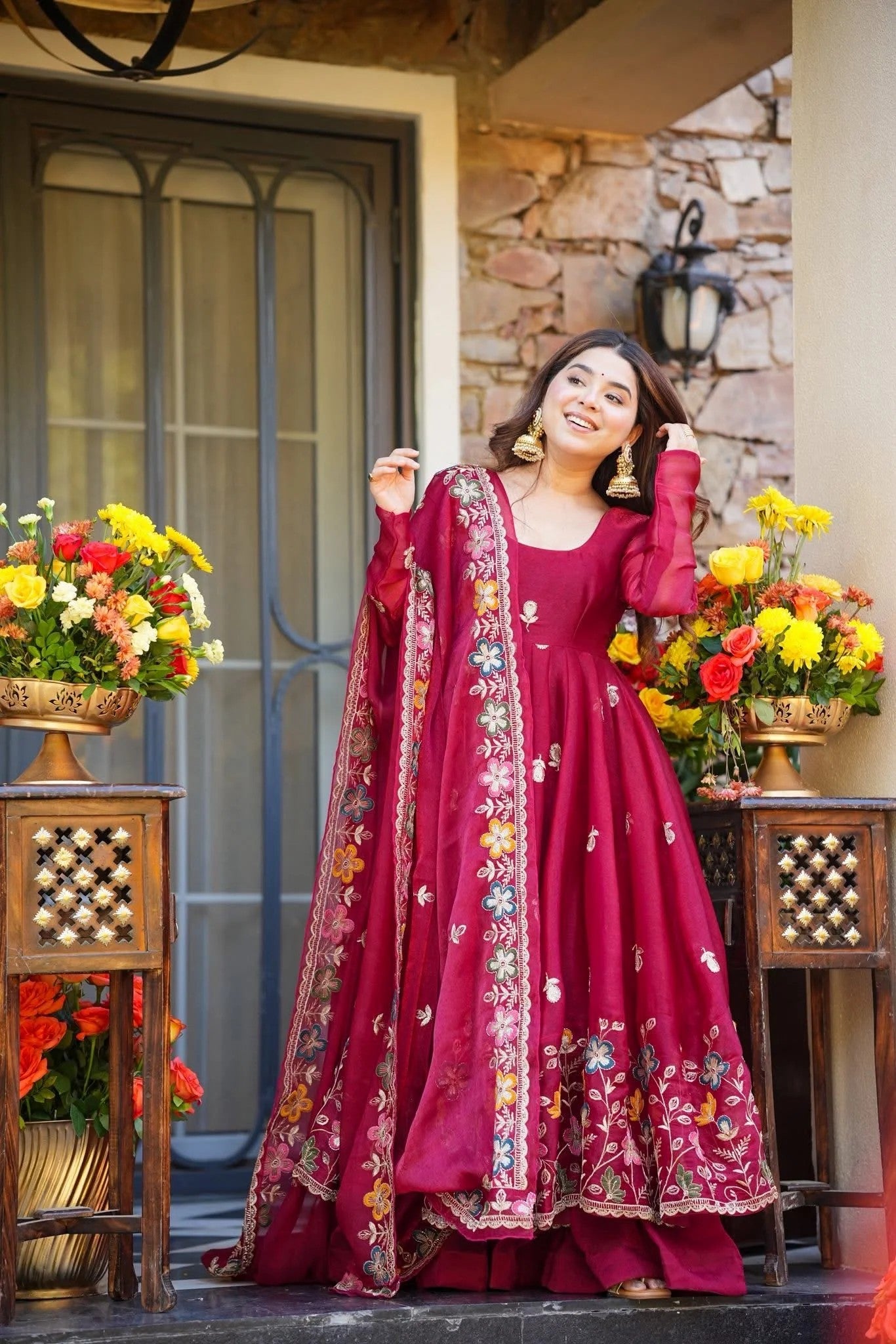 Wine Floral Crunchy Silk Anarkali Suit Set