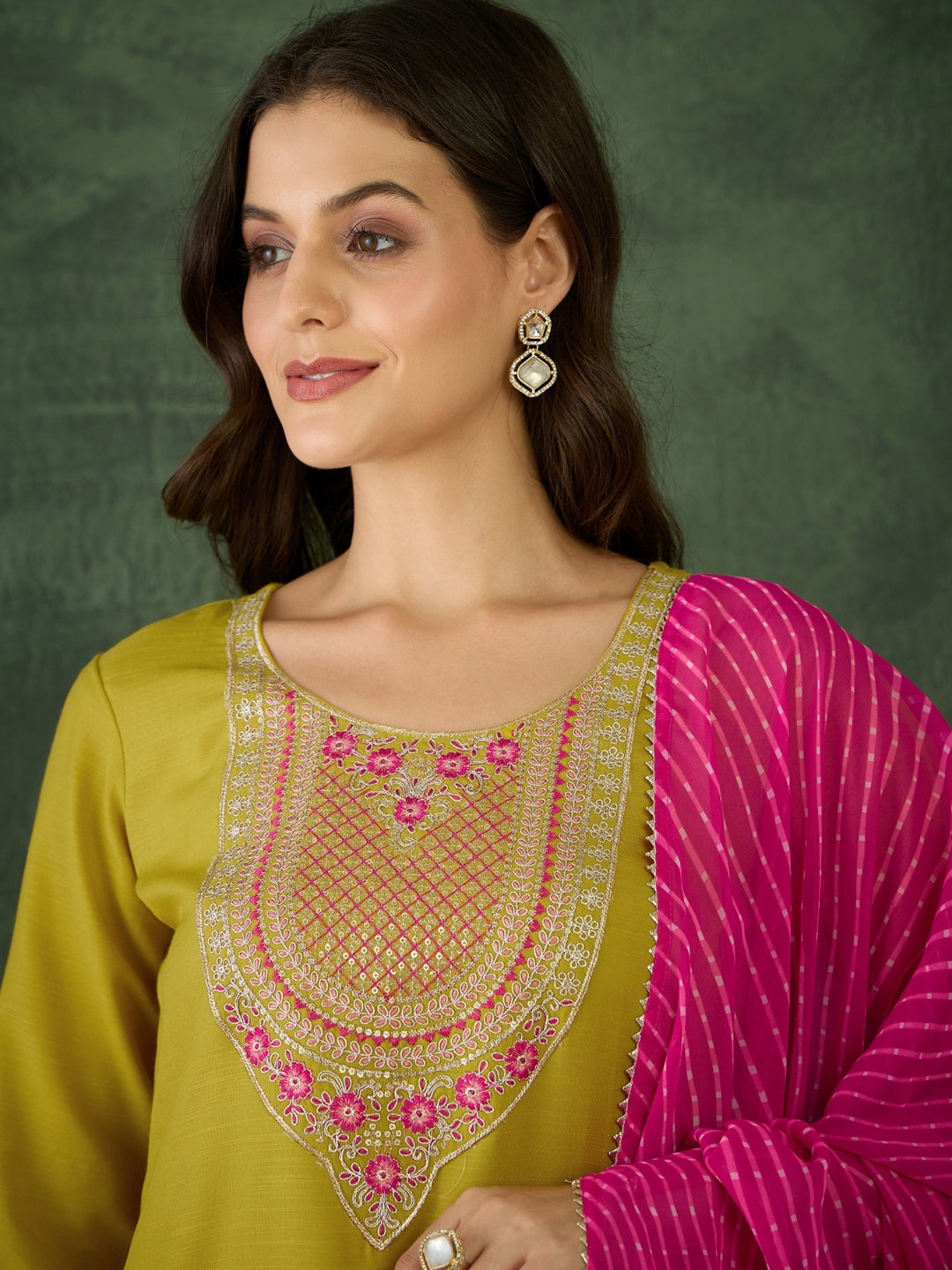 Lime Green Embroidered Chanderi Kurta Set
