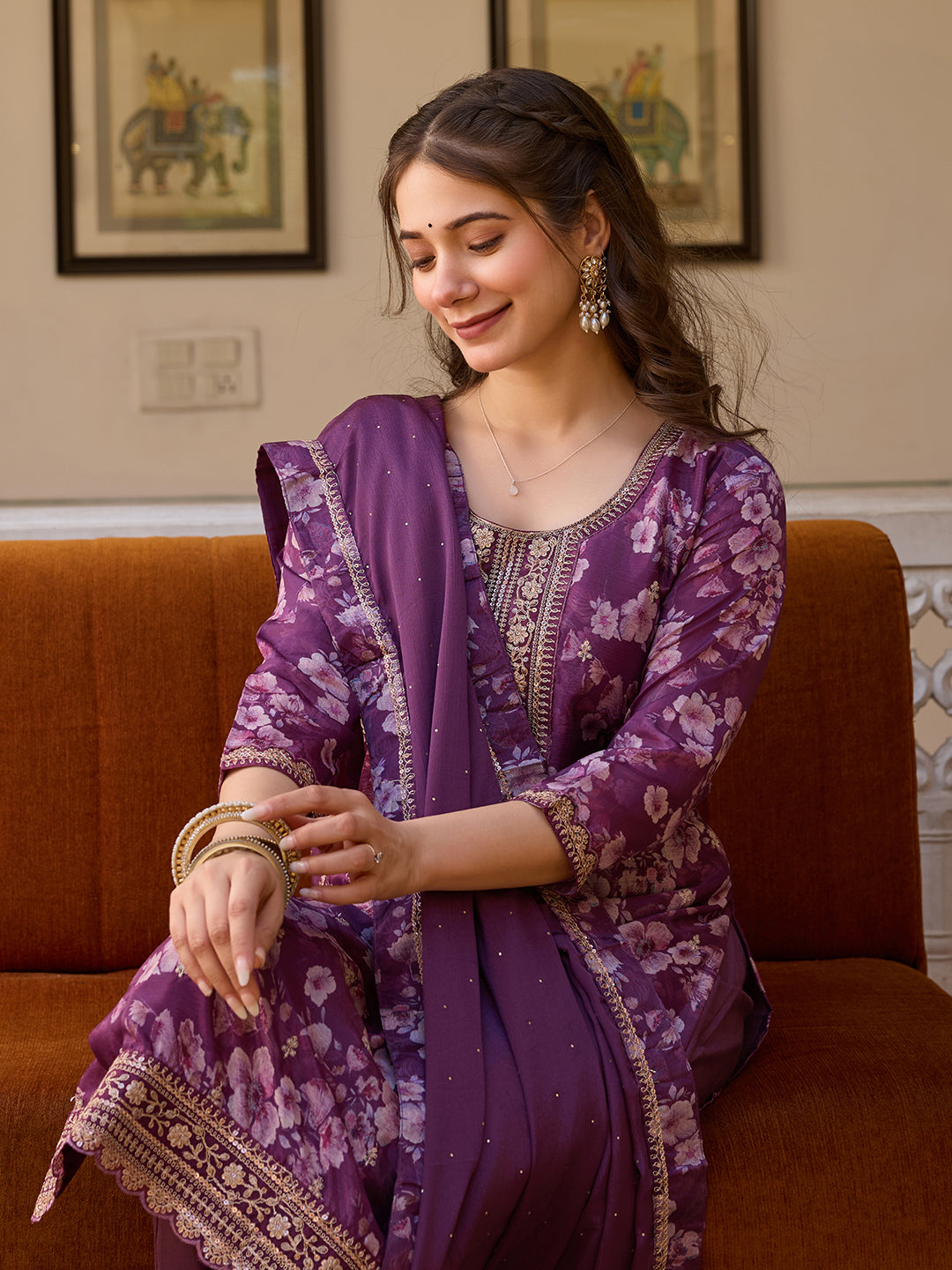 Purple Floral Printed Kurta Pant Set