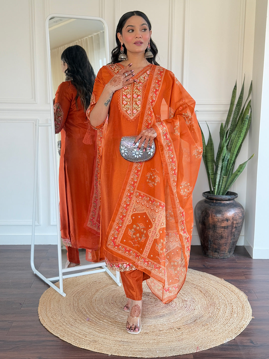Orange Heritage Embroidered Kurta Pant Set