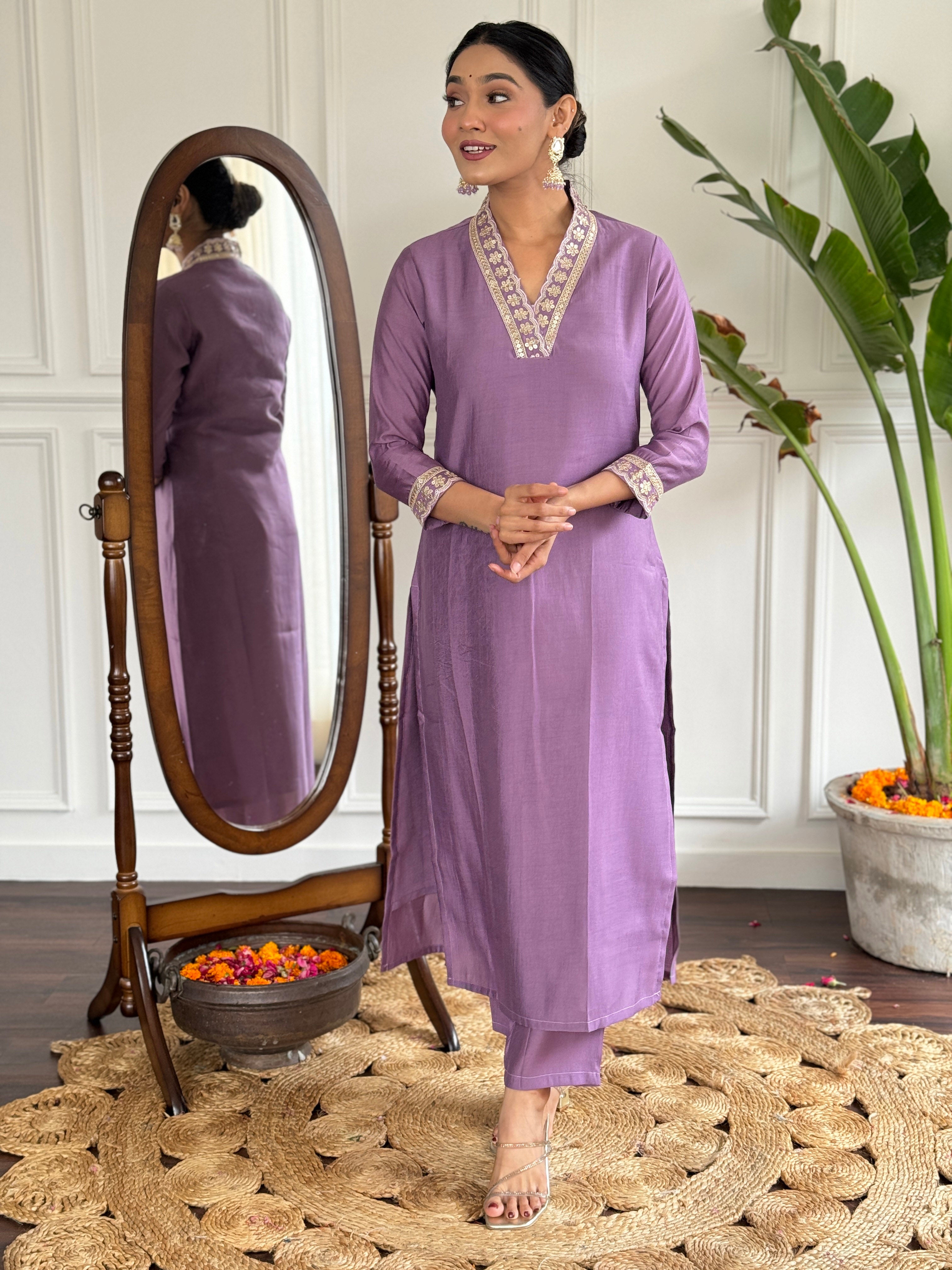 Lavender Embroidered Kurta Pant Set