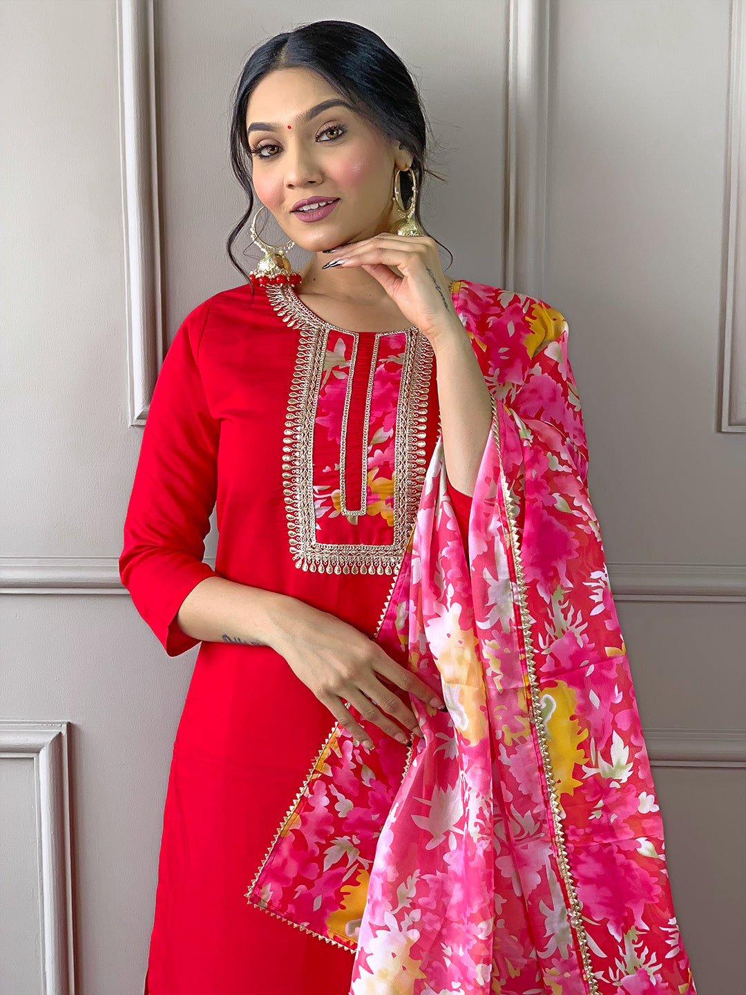 Red Floral Dupatta Kurta Pant Set