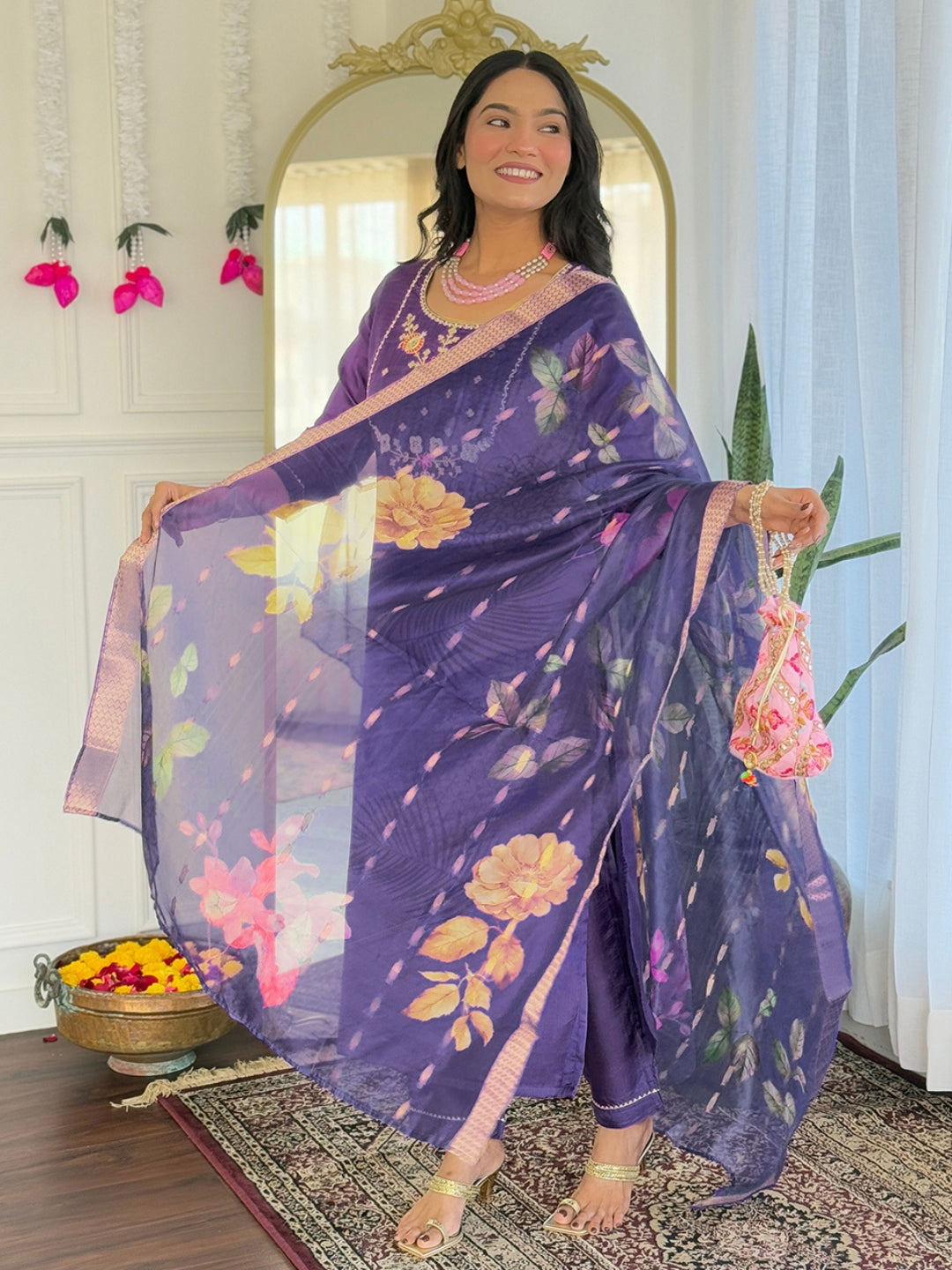 Purple Bloom Floral Kurta Pant Dupatta Set