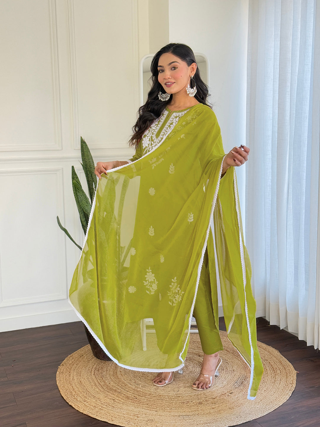 Olive Green Floral Embroidered Kurta Pant