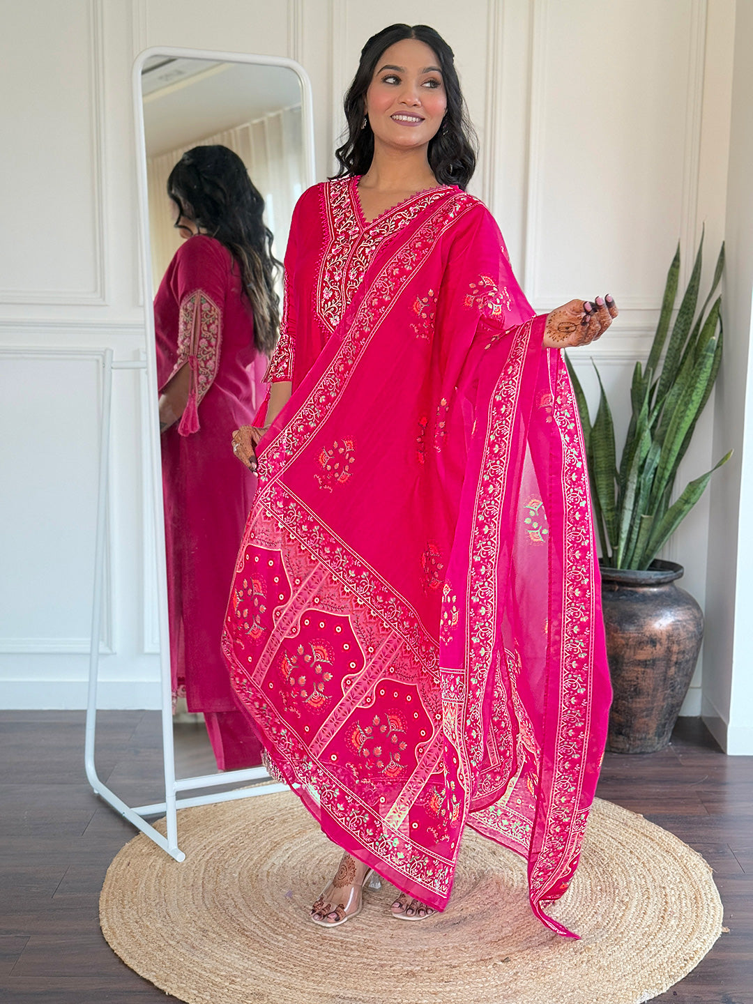 Rani Pink Heritage Embroidered Kurta Pant Set