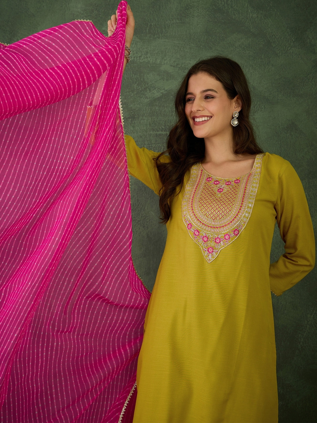 Lime Green Embroidered Chanderi Kurta Set