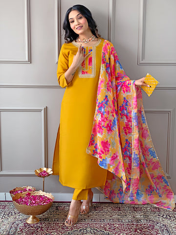 Mustard Yellow Floral Dupatta Kurta Pant Set