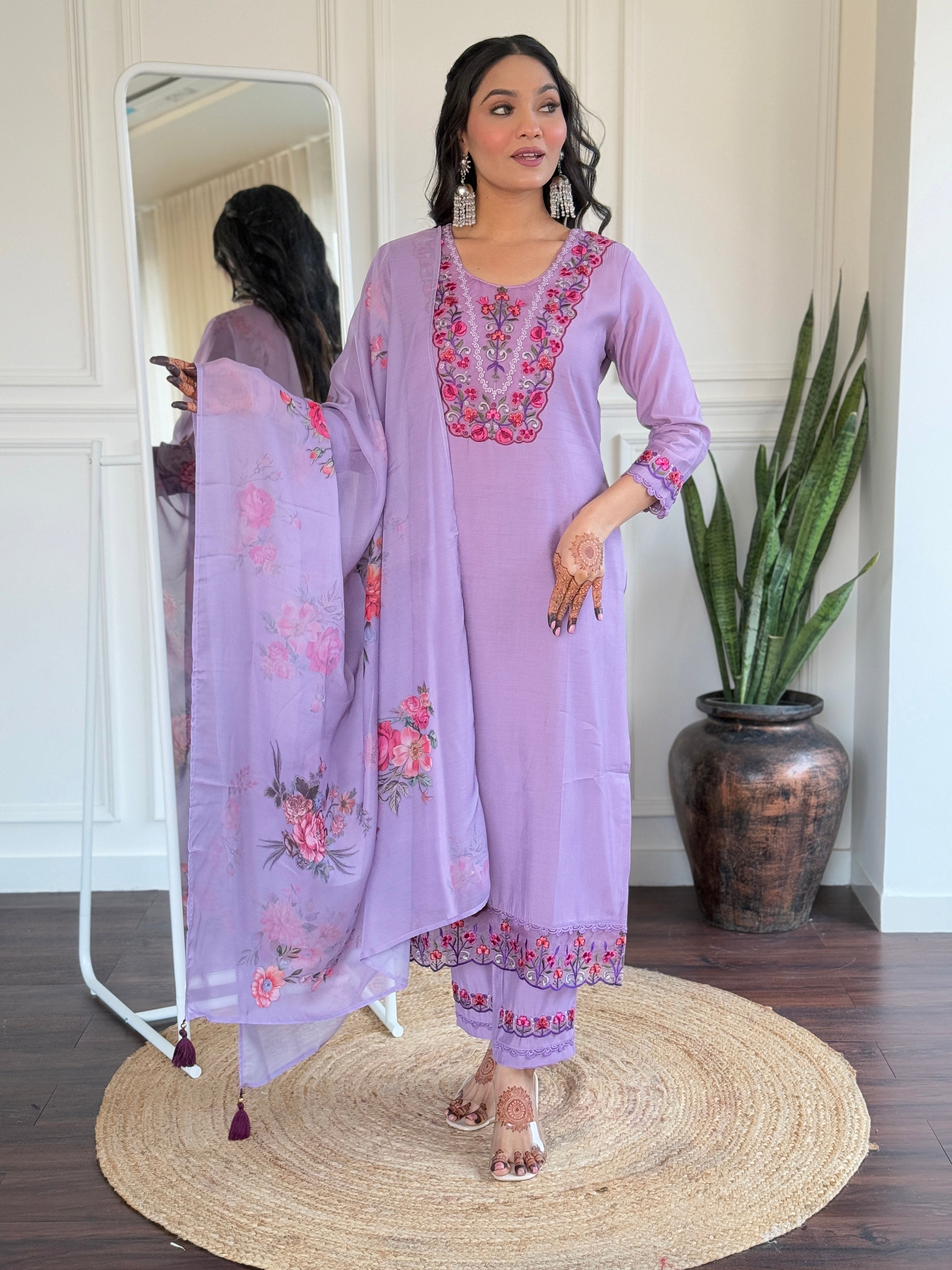 Purple Bloom Embroidered Kurta Pant Set