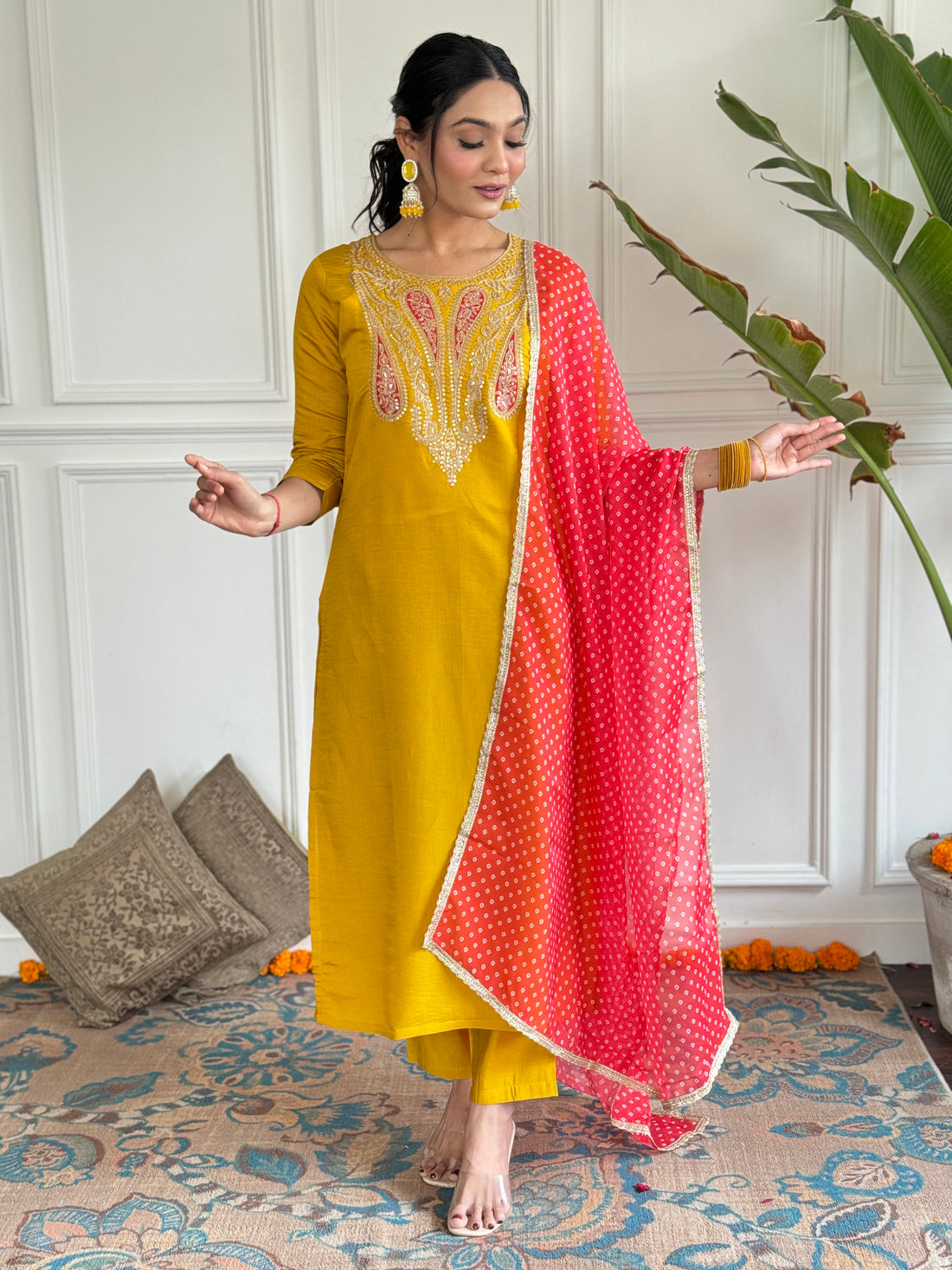 Mustard Yellow Embroidered Kurta Set