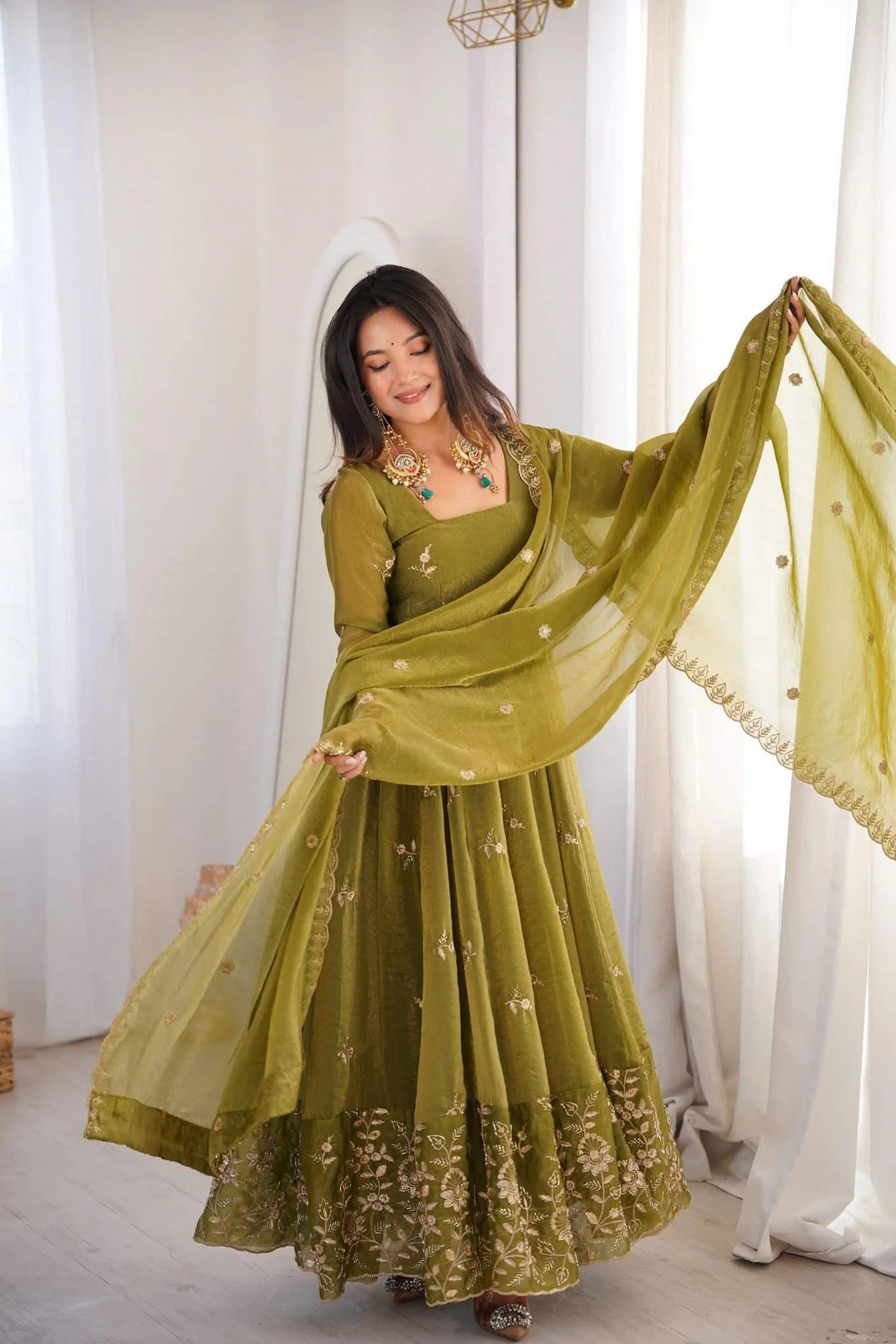 Olive Green Crunchy Silk Anarkali Suit Set