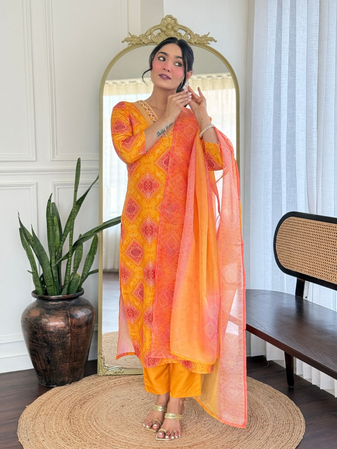 Orange Bandhani Print Straight Salwar Suit Set