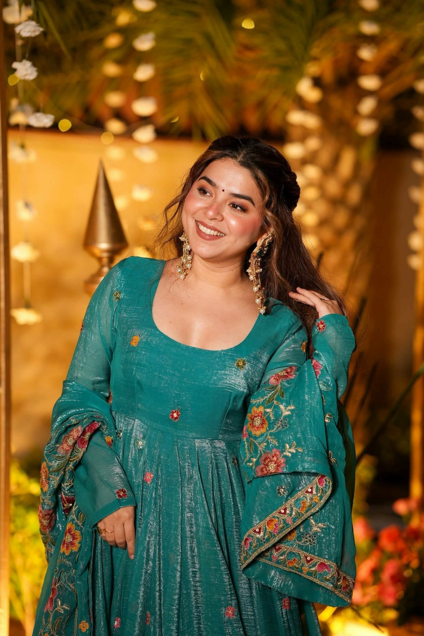 Teal Floral Embroidered Crunchy Silk Anarkali Suit Set