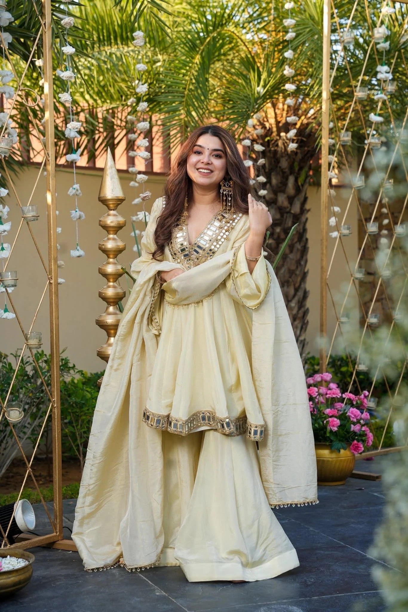 Ivory Mirror Work Star Georgette Sharara Suit Set