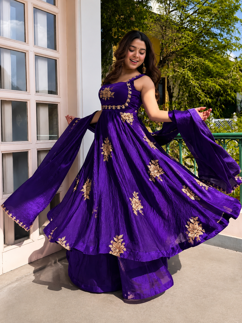 Purple Embroidered Anarkali Suit Set