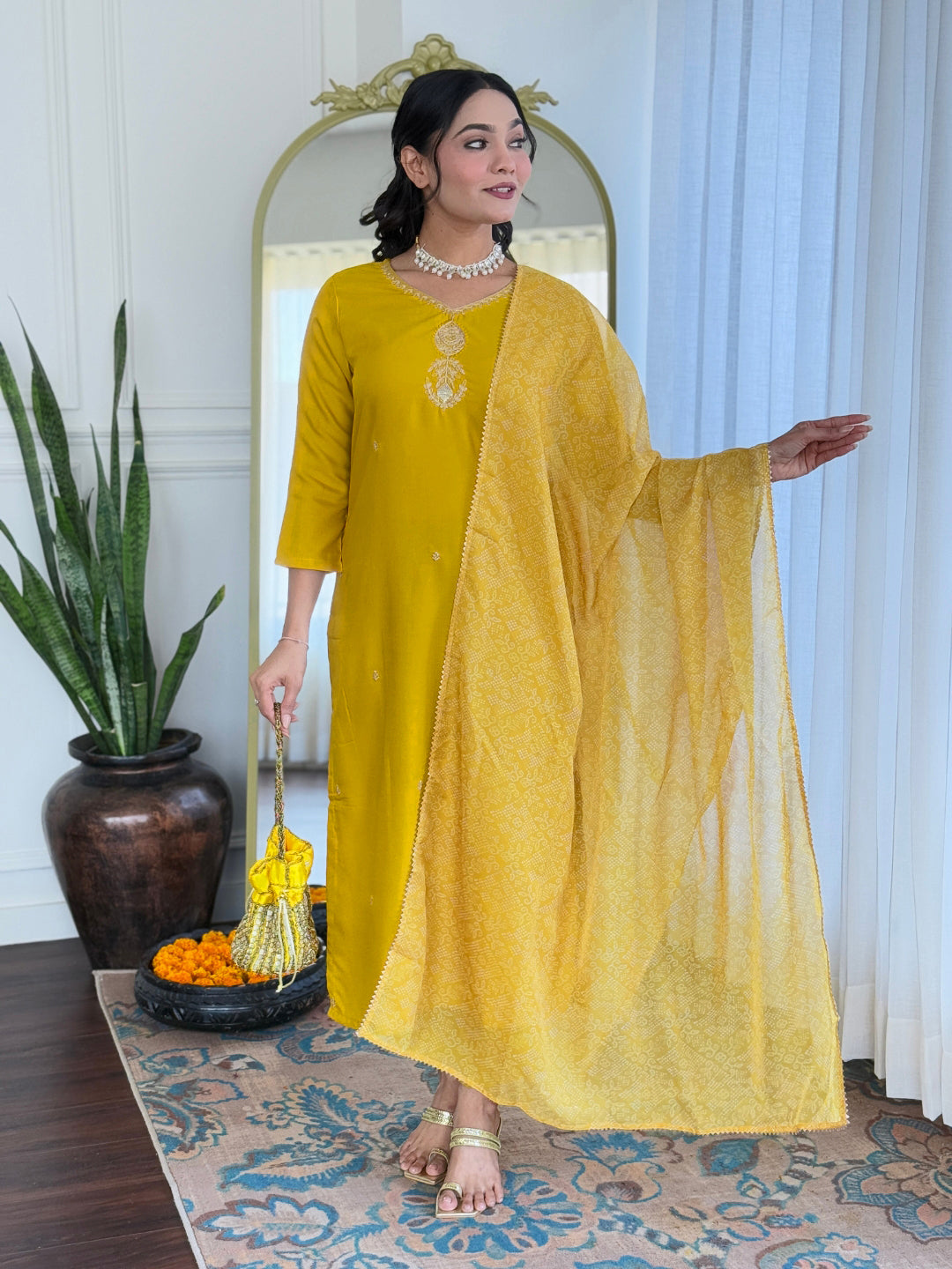 Mustard Yellow Embroidered Kurta Pant Set