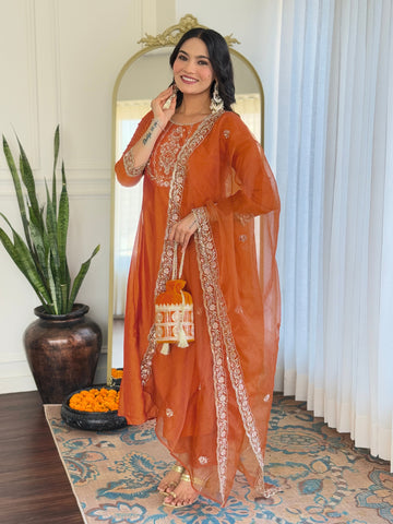Rust Orange Silk Embroidered Flared Kurta Set