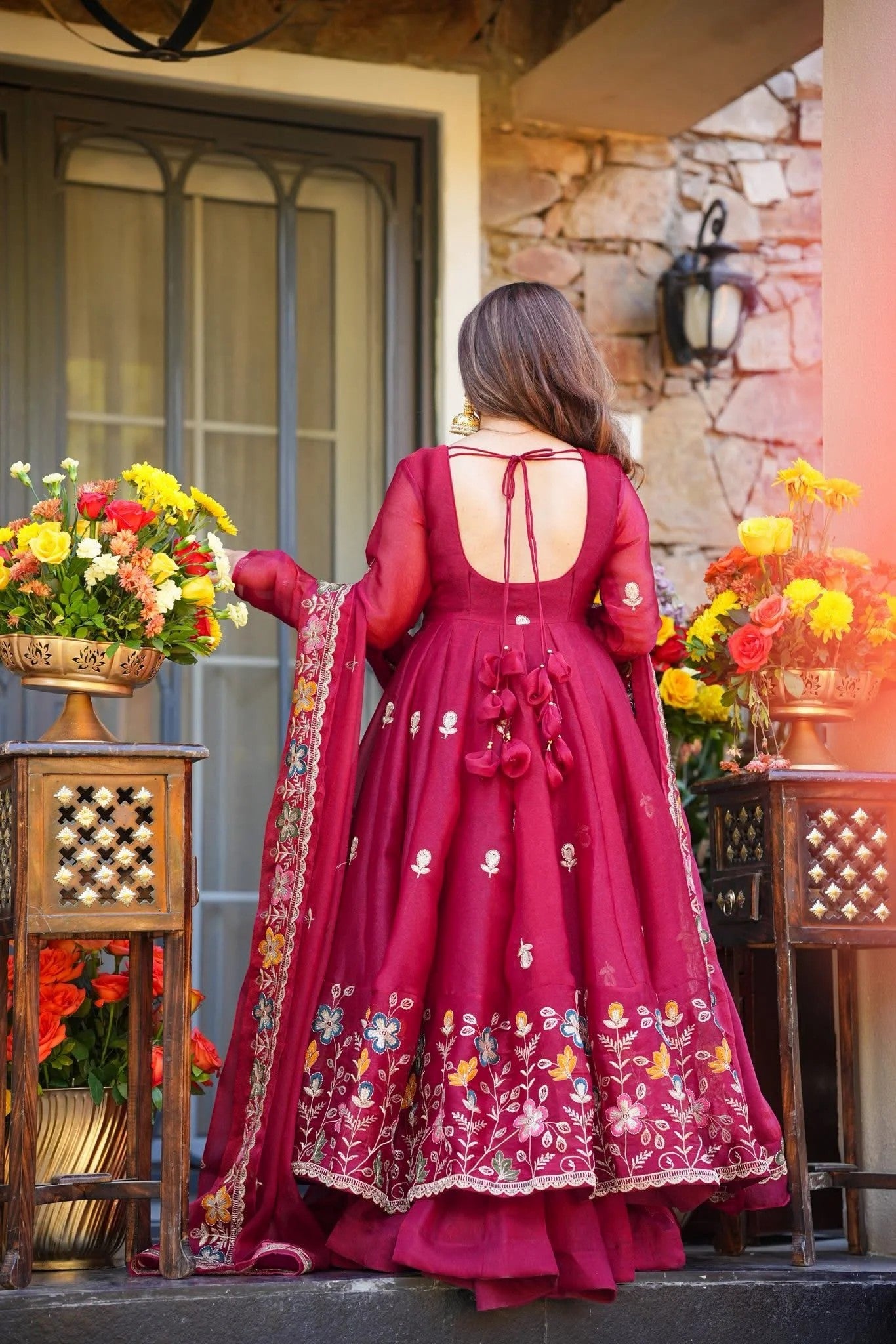 Wine Floral Crunchy Silk Anarkali Suit Set