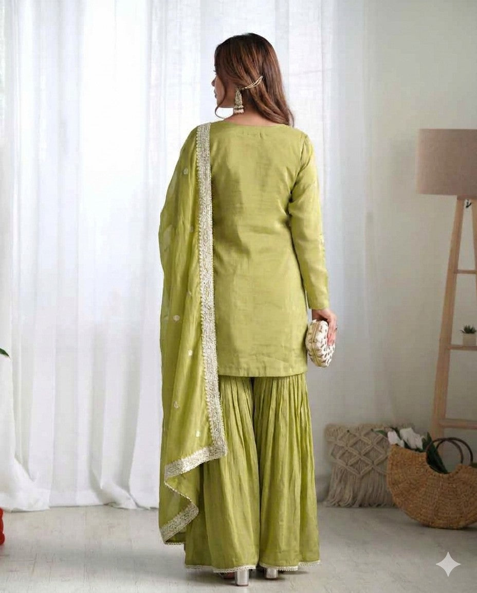 Olive Green French Crepe Sharara Suit Set