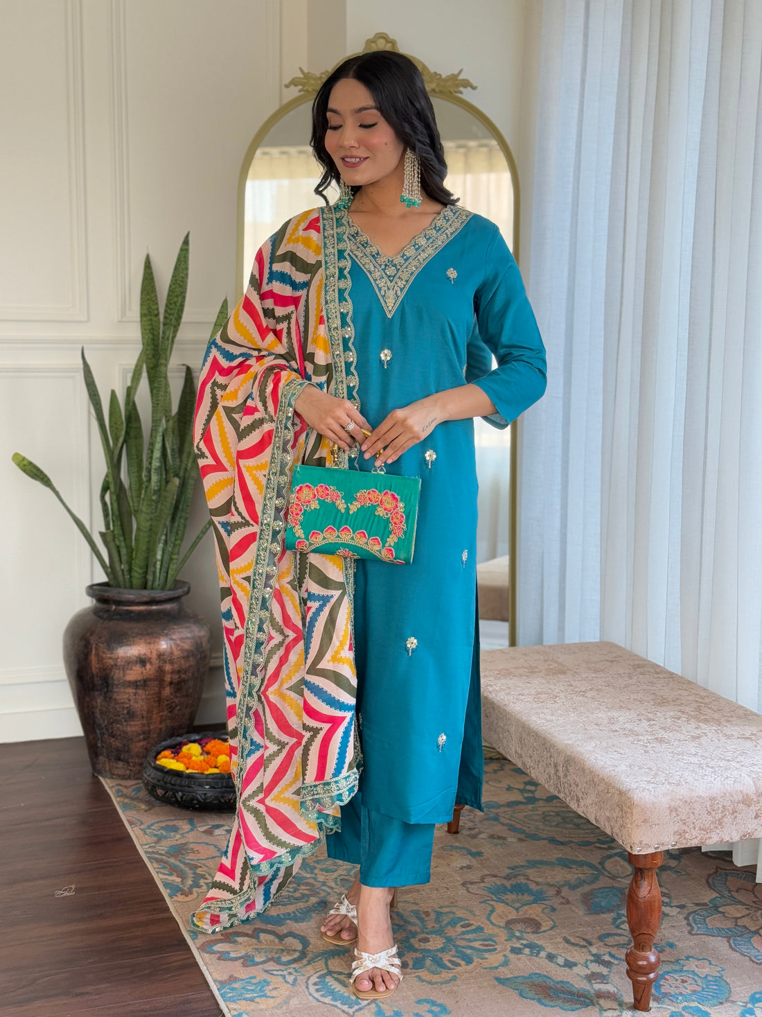 Teal Blue Embroidered Kurta Pant
