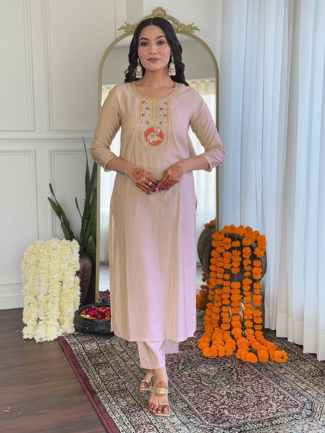 Beige Silk Blend Kurta Pant Set