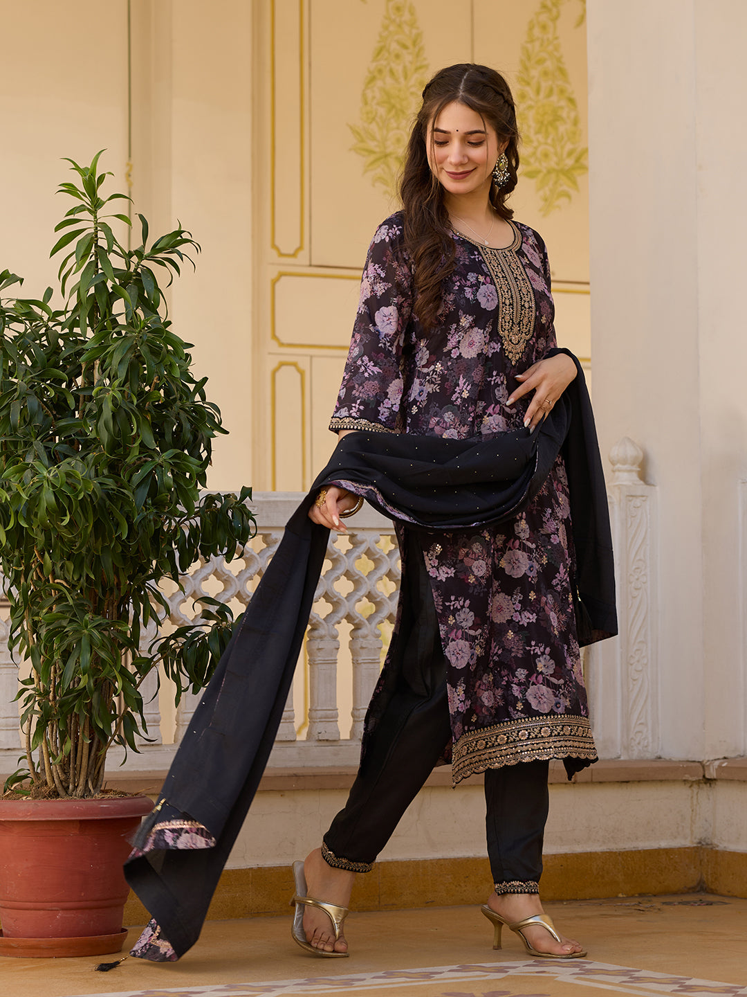 Black Floral Printed Suit Sets