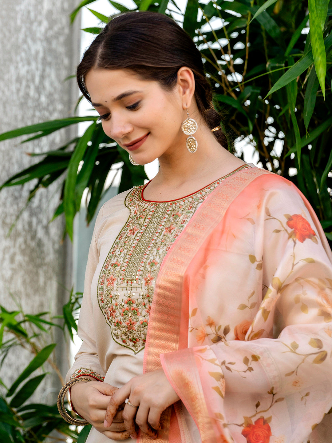 Cream Silk Embroidered Kurta Pant Set