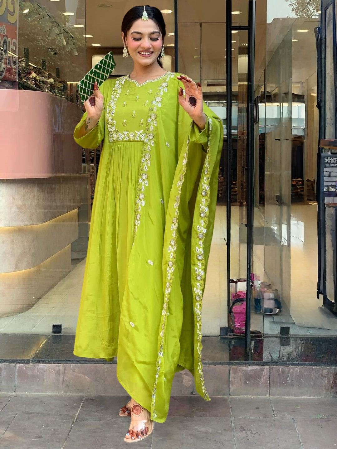 Pista Green Embroidered Anarkali Kurta Pant Set