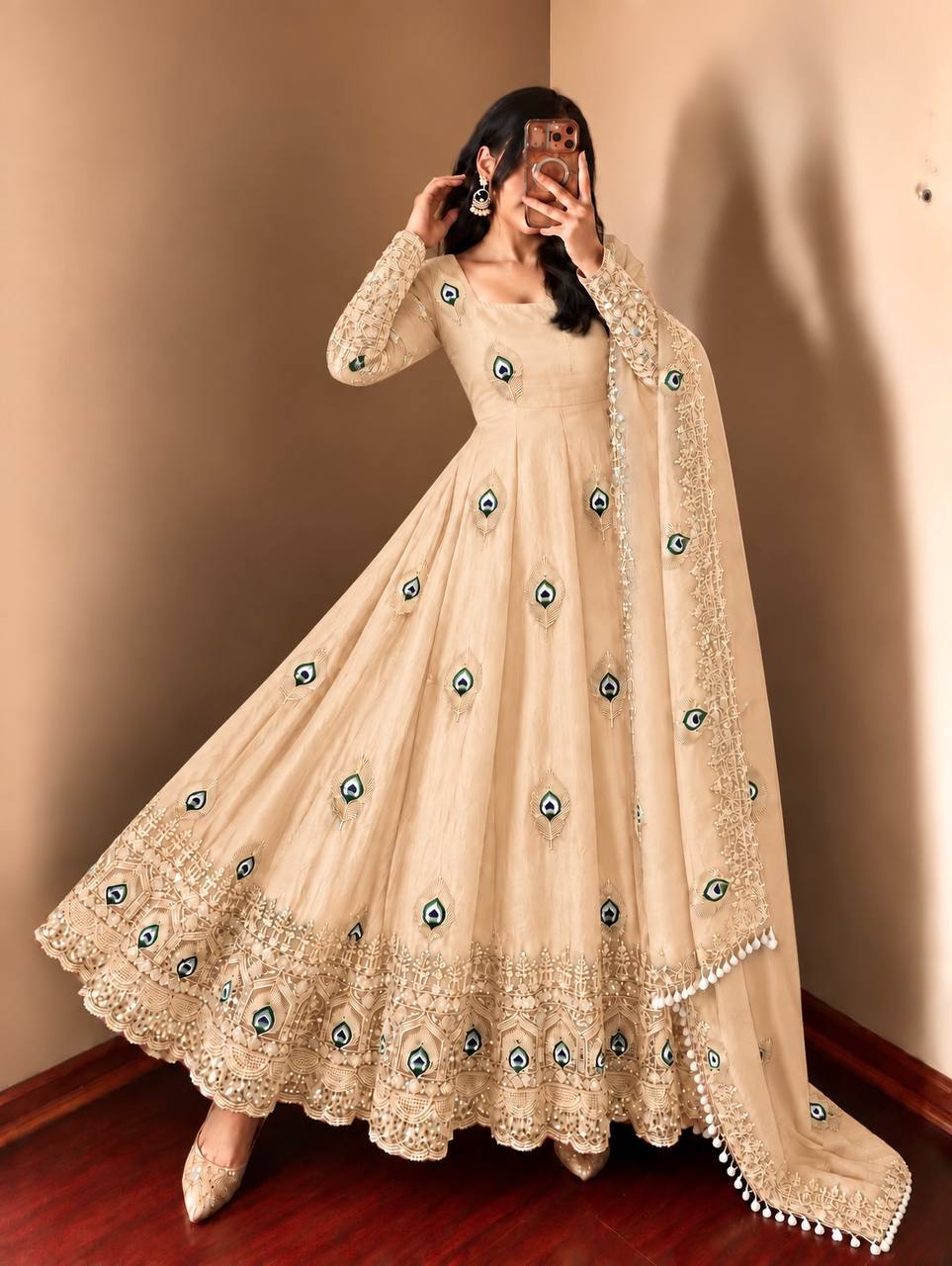 Cream Silk Embroidered Anarkali Gown