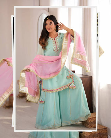 Sky Mint Embroidered Organza Sharara Suit Set