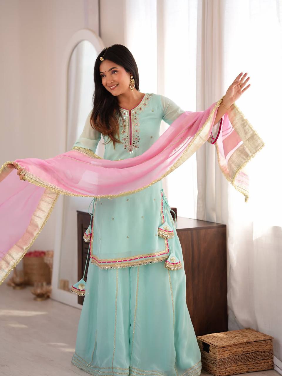 Sky Mint Embroidered Organza Sharara Suit Set