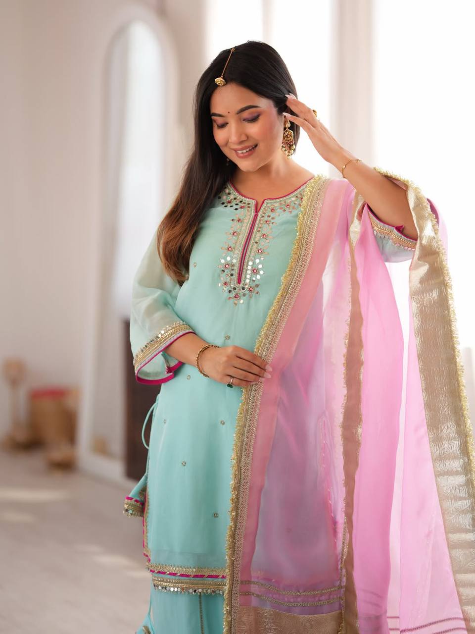 Sky Mint Embroidered Organza Sharara Suit Set