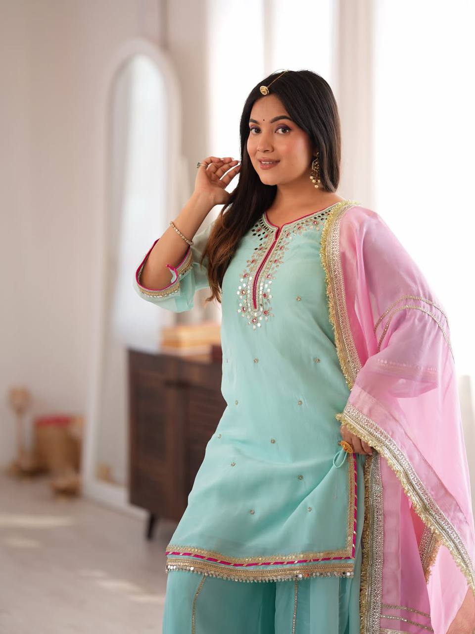 Sky Mint Embroidered Organza Sharara Suit Set