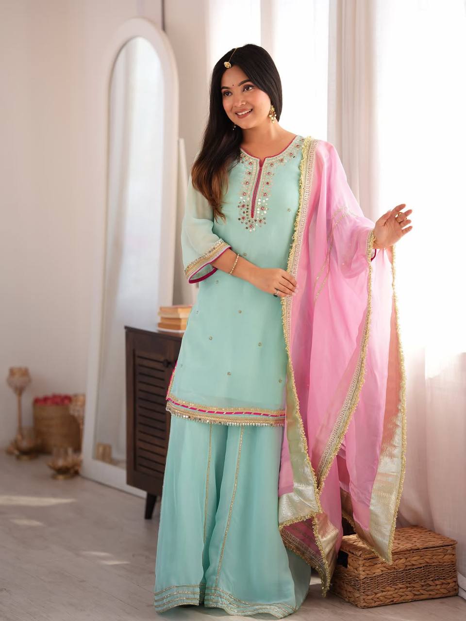 Sky Mint Embroidered Organza Sharara Suit Set