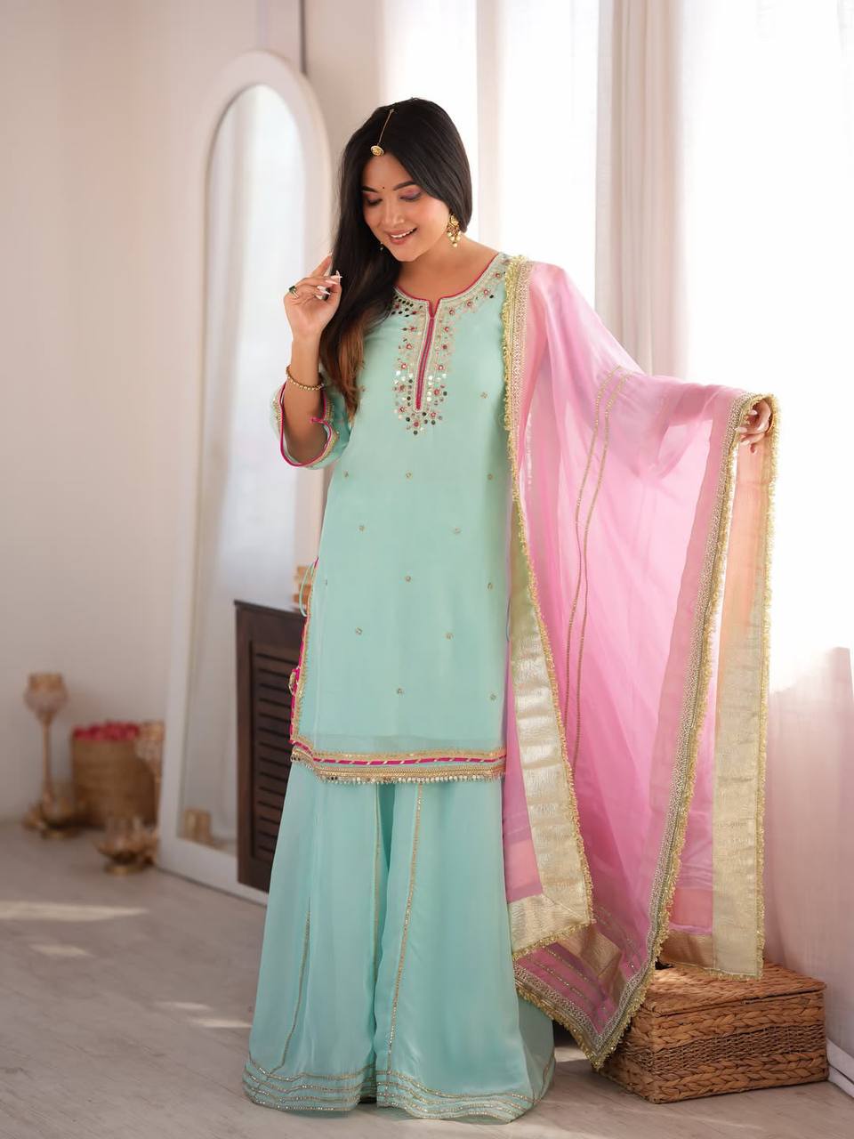 Sky Mint Embroidered Organza Sharara Suit Set