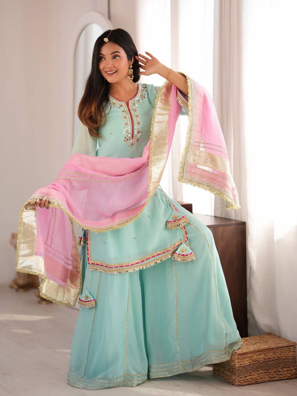 Sky Mint Embroidered Organza Sharara Suit Set