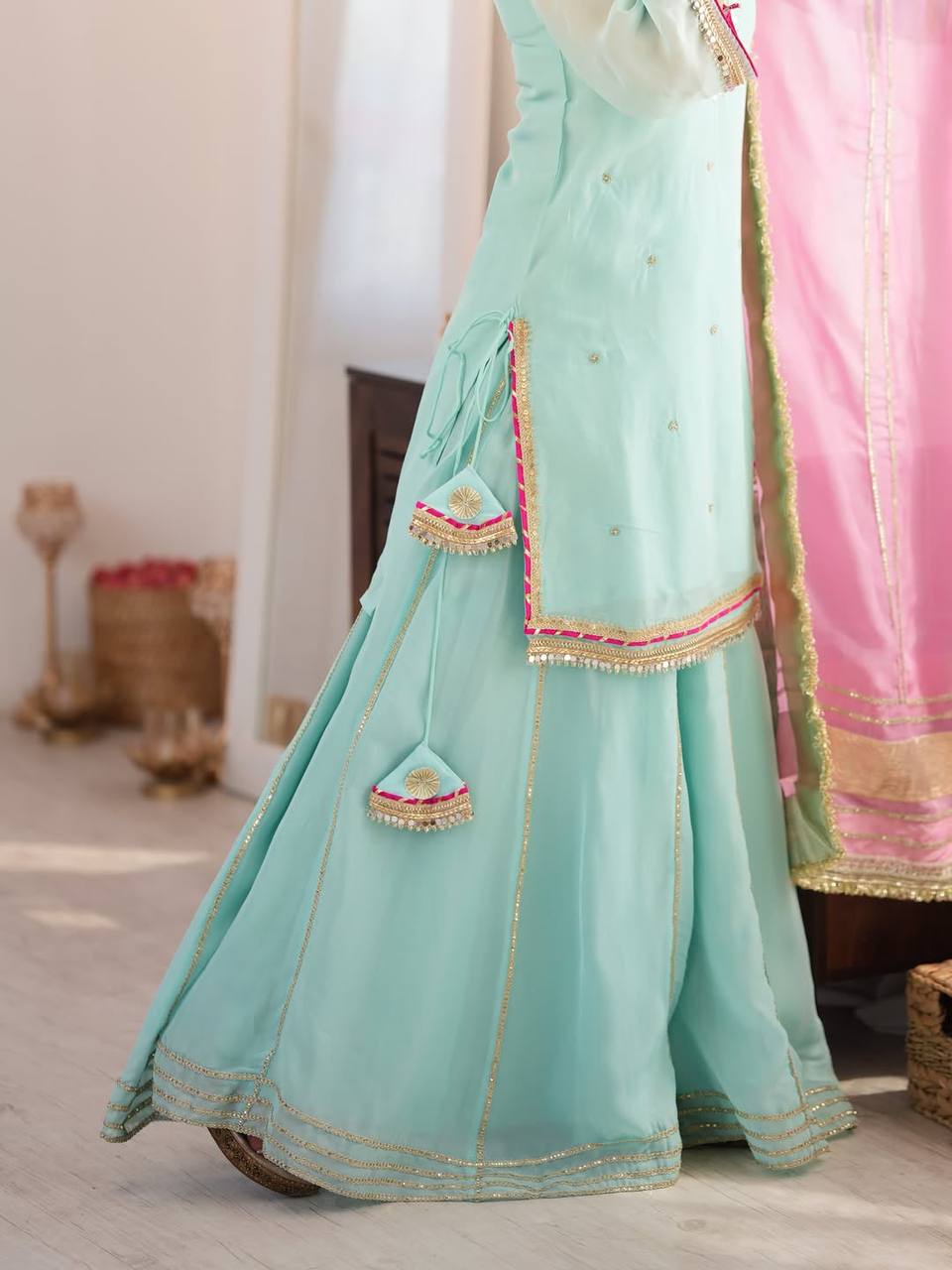 Sky Mint Embroidered Organza Sharara Suit Set