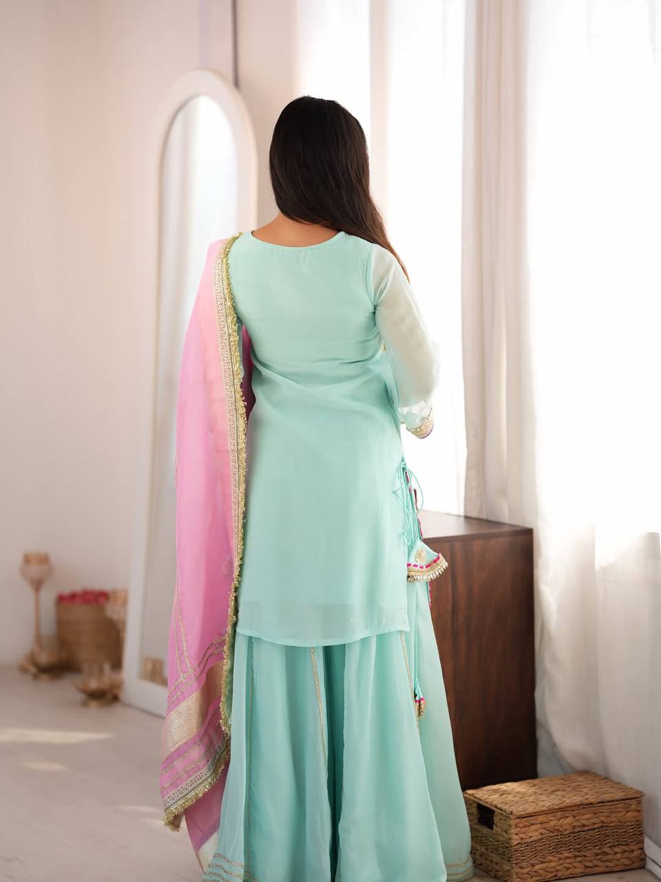 Sky Mint Embroidered Organza Sharara Suit Set